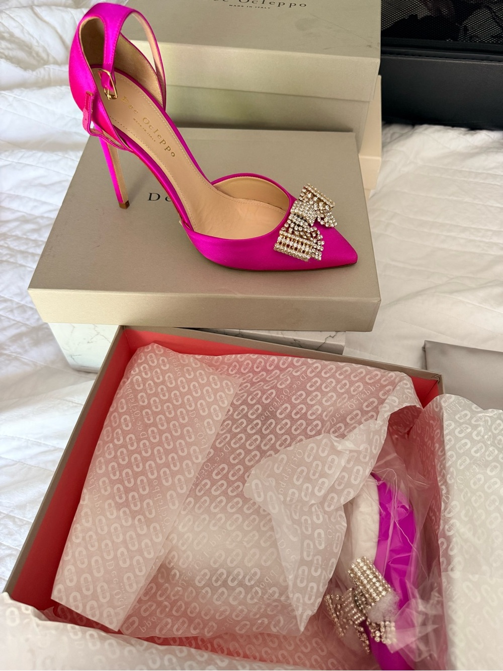 Hot Pink Satin Pointed-Toe Stiletto with Crystal Bow - Picture 2 of 5